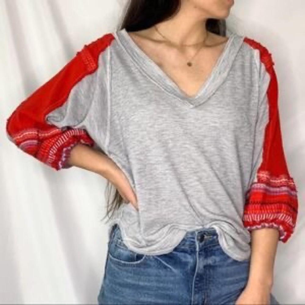 Free People Gray Waffle Knit Sweater with Red Embroidered Balloon Sleeves